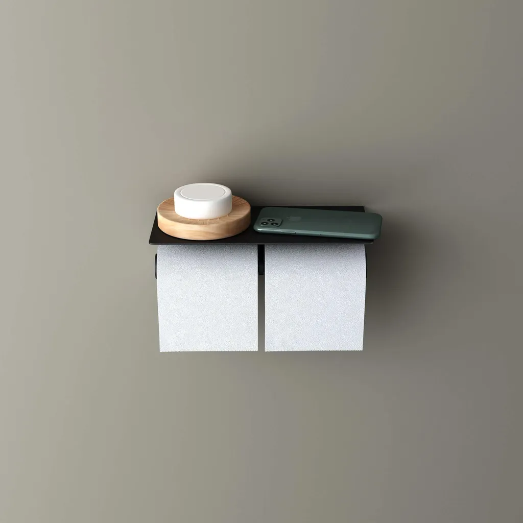 Dérouleur Papier Toilette Double Anti-Rouille Noir avec Tablette