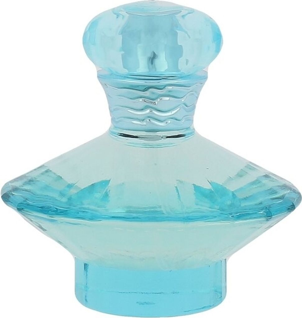 A close-up studio shot of a blue perfume bottle.