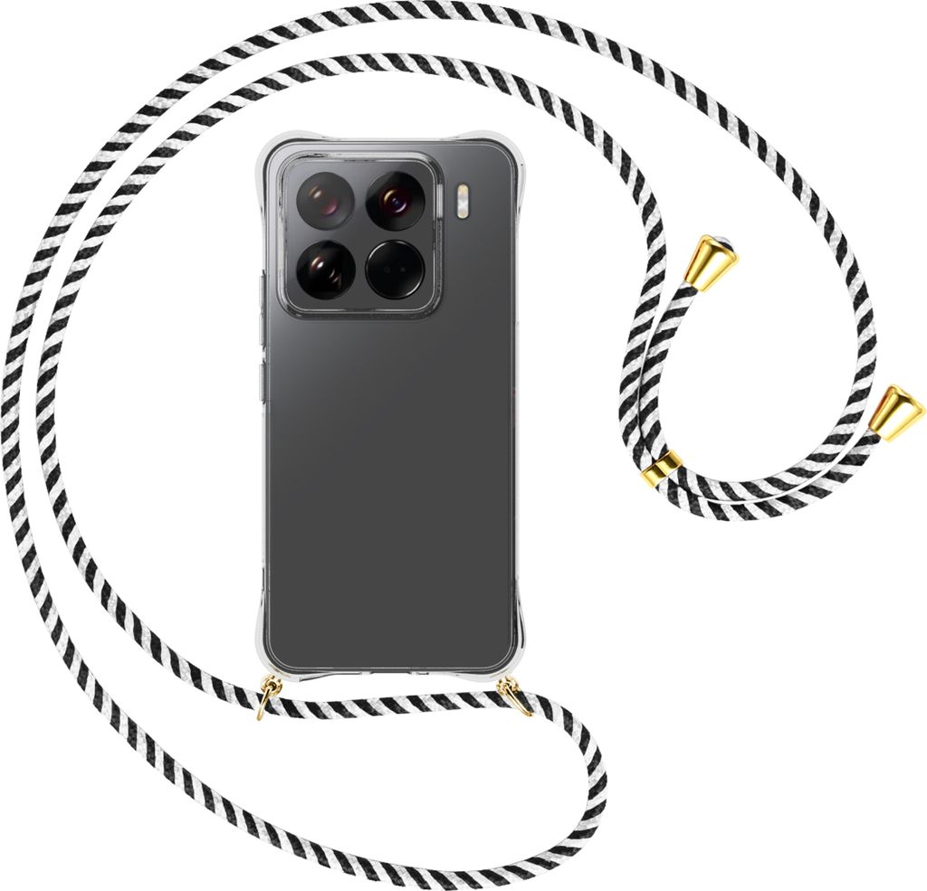 Handykette Backcover-Schutzhülle mit Band (Metall goldfarben) für Xiaomi 15 Pro 5G - schwarz/weiß gestreift
