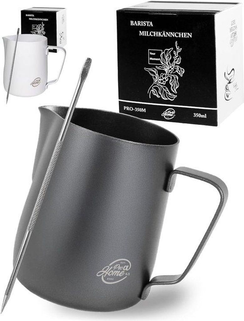 Barista-Milchkännchen 350 ml – Schwarz – Edelstahl – inklusive Latte-Art-Stift