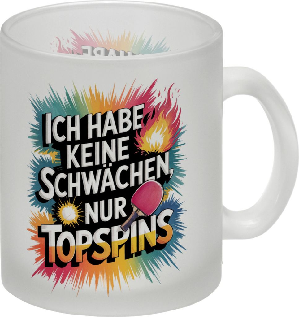 Keine Schwächen, nur Topspins Glas Tasse Tischtennisschläger und Ball