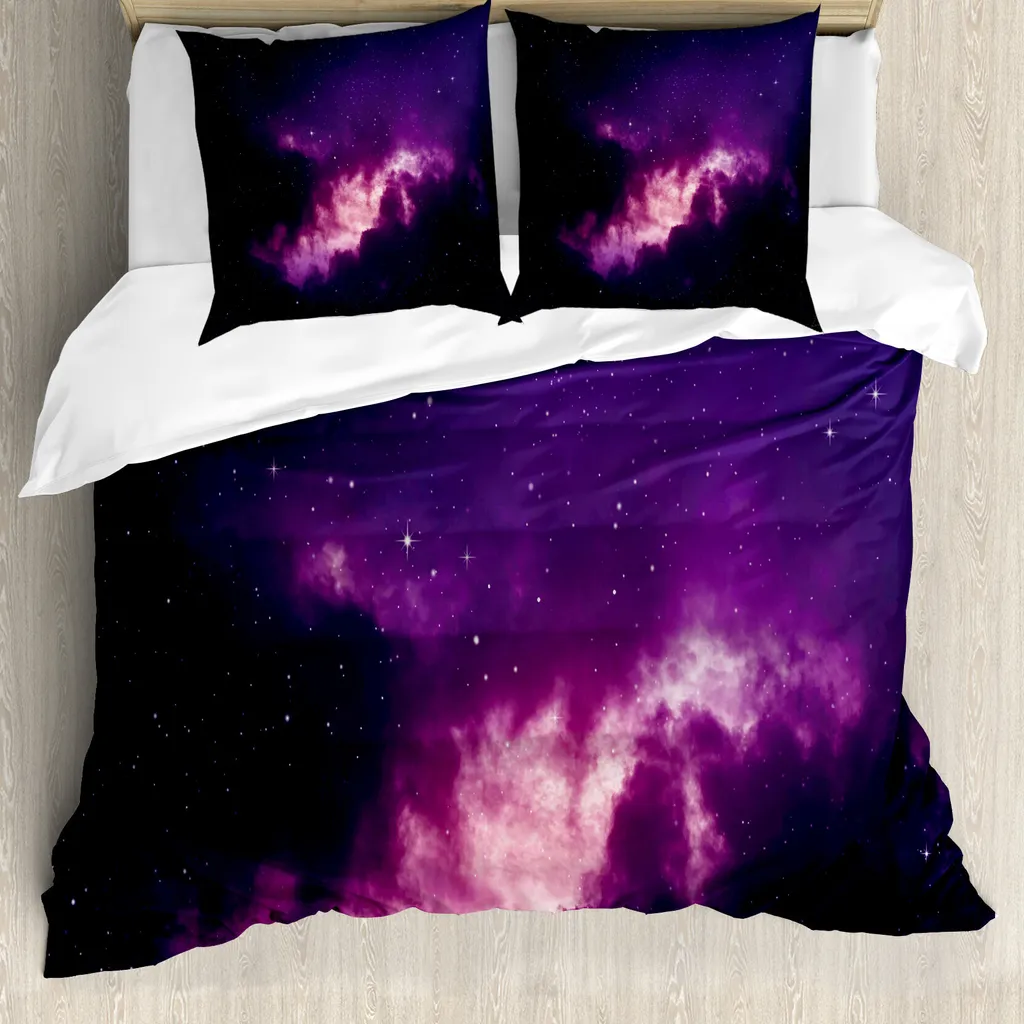 ABAKUHAUS Set copripiumino per letto matrimoniale, stelle su cielo notturno scuro, antiacaro, adatto a chi soffre di allergie, con federe, viola