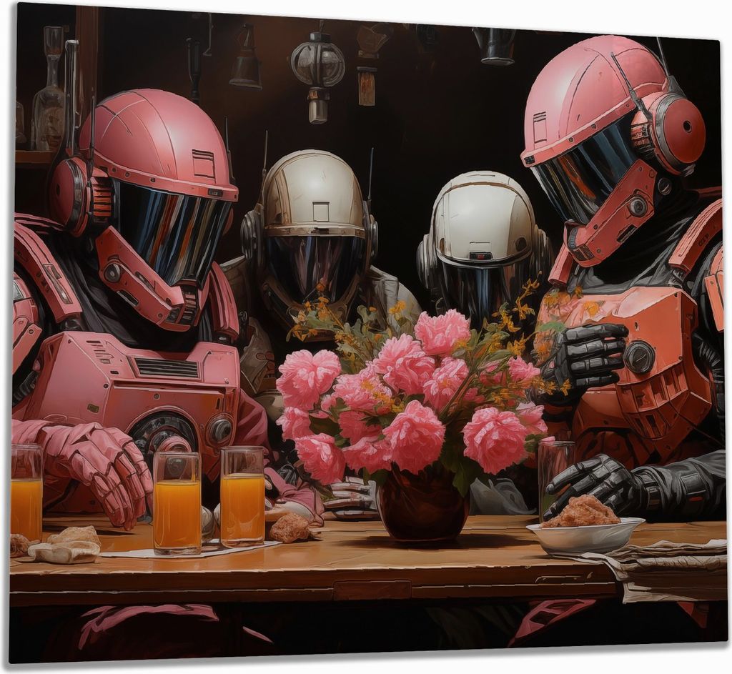 Wallario Herdabdeckplatte aus Glas, Größe 60 x 52 cm 1-teilig, Motiv Astronauten beim Frühstück