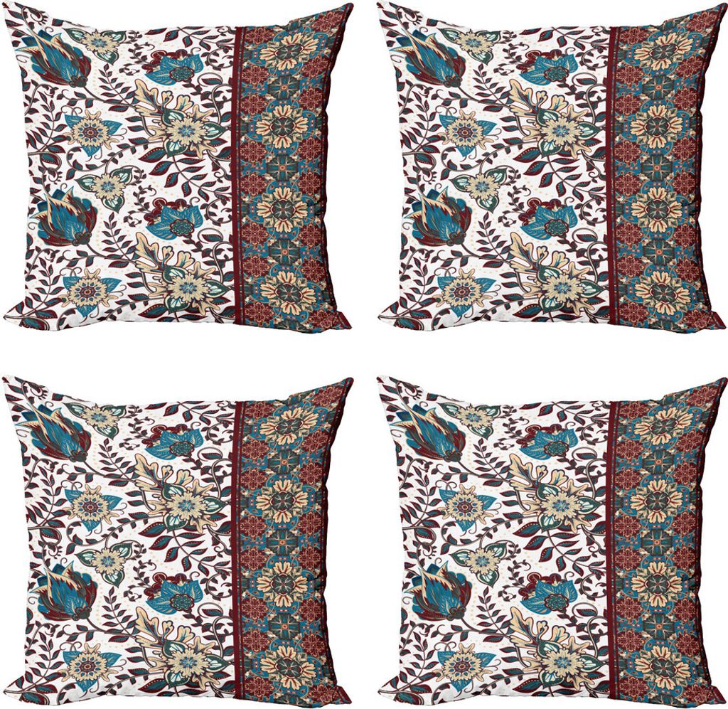 ABAKUHAUS Orient Kissenbezug Set (4 Stück), Aufwändige Blumenrand, Moderner Doppelseitiger Digitaldruck, 45 cm x 45 cm, Petrol Blauburgunder