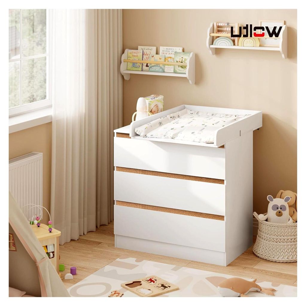 Wickelaufsatz für Kommode, Wickelbrett 60 x 10 x 80 cm geeignet für eine Tiefe von 46,5–50 cm, mit 2 Kippschützen, aus MDF, Weiß