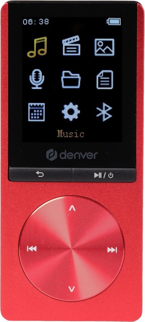 A red Denver MP-1820 music player is shown against a white background. The screen displays various icons and the brand name.