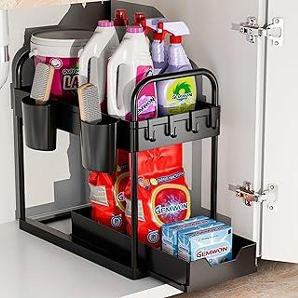 GEMWON Küchen Organizer, 2 Etagen Unter Waschbecken Regal mit 4 Haken & 2 Tassen, für Spülschrank & Badezimmer, Schrank Ordnungssystem für Küc...