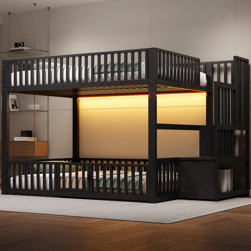 Lit superposé 2 places 140x200 pour enfant et ado avec LED et rangement