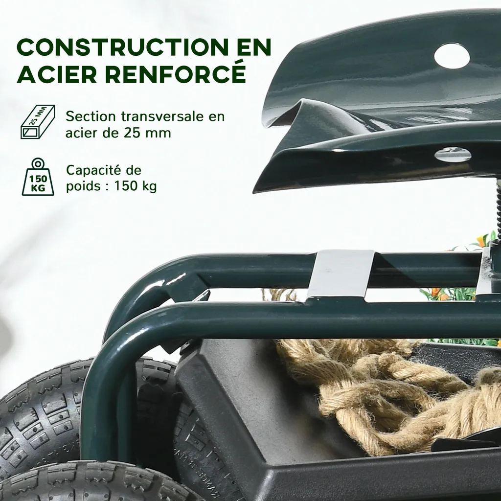 Siège roulant réglable 150 kg max avec plateau de rangement intégré
