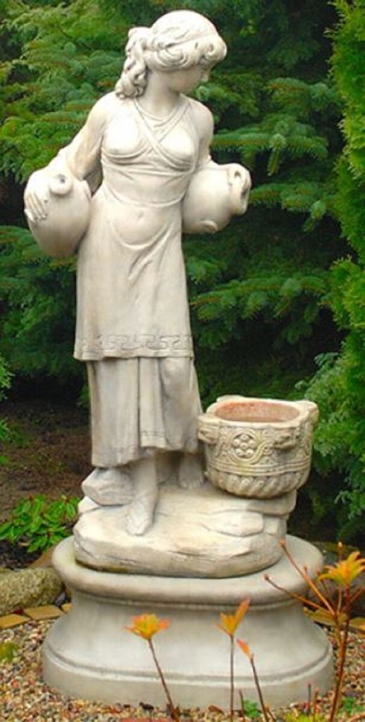 Casa Padrino Jugendstil Wasserspeier Skulptur Frau mit Krügen und dekorativem Blumentopf Grau 63 x 61 x H. 140 cm - Gartendeko Statue Steinfigur