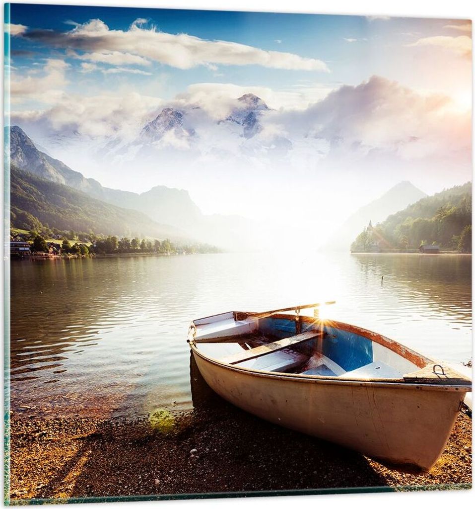 Bilder auf glas - Berge See Boot - 70x70cm - Glasbilder - Wandbilder - Kunstdruck - zum Aufhängen bereit - Wanddekoration aus Glas - Glas Bilder -...