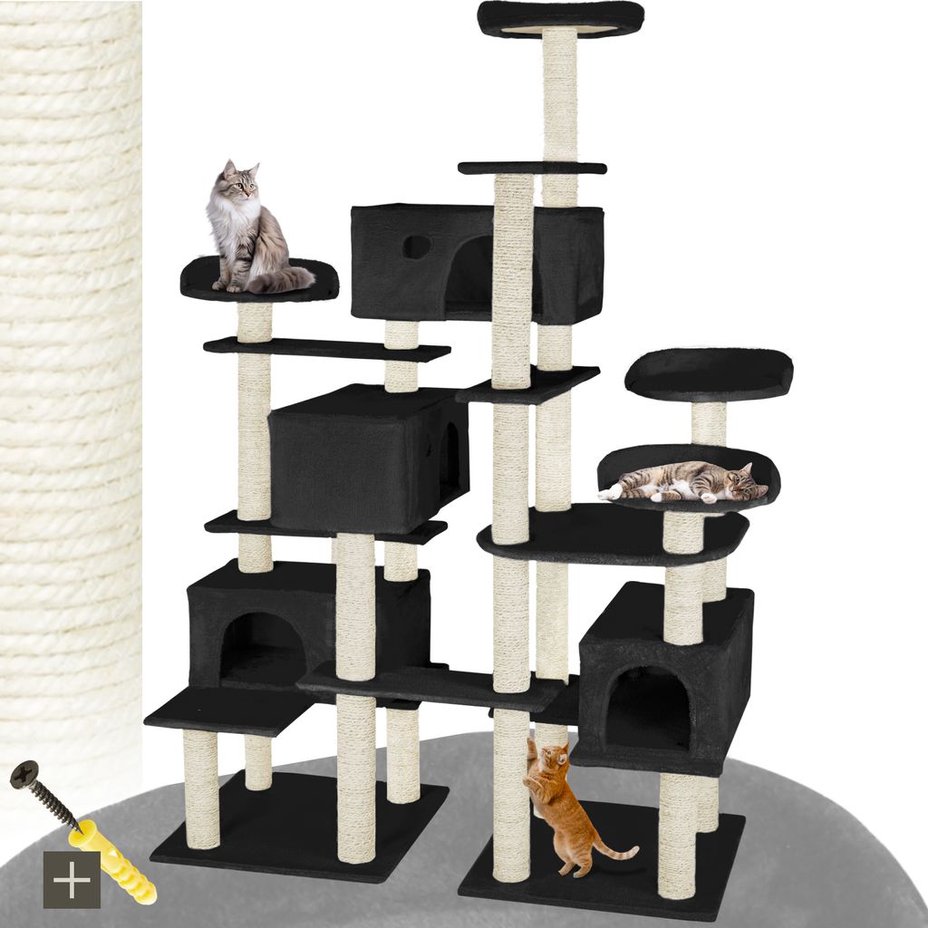 A multi-level cat tree with several platforms, cubbies, and scratching posts, featuring two cats. A yellow toy and a screw are also visible in the foreground.