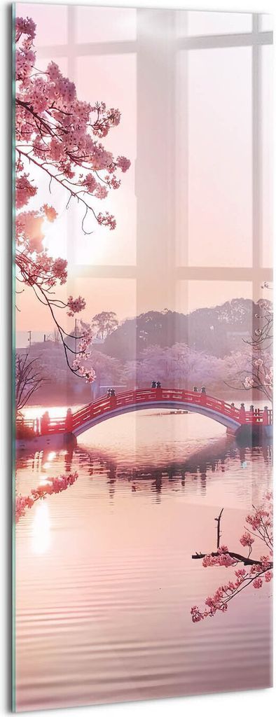 Designer Glasbild - Wandbild - Glas Bild - 50x125 cm - Kirschblüten Und Brücke – Japanischer Stil