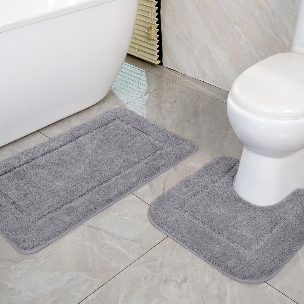 Set aus 2 Badematten aus hochwertiger Mikrofaser, rutschfest und schnelltrocknend, Badematte 53 x 86 cm und WC-Matte 50 x 50 cm, grau