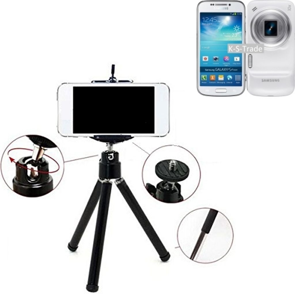 K-S-Trade Smartphone Stativ Dreibein kompatibel mit Samsung Galaxy S4 Zoom Tripod aus Aluminium Klemmstativ Stativ Adapter für Mobiltelefone schwarz