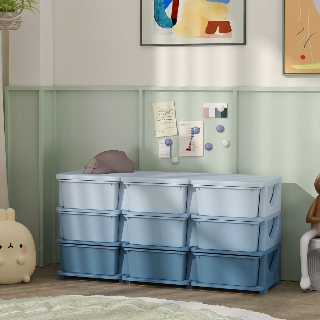Kinderregal mit 9 Schubladen, Aufbewahrungsbox Kinder, Kunststoff-Schubladenregal, Blau | 113 x 37 x 56,5 cm | 9 Fächer | 12,6 kg
