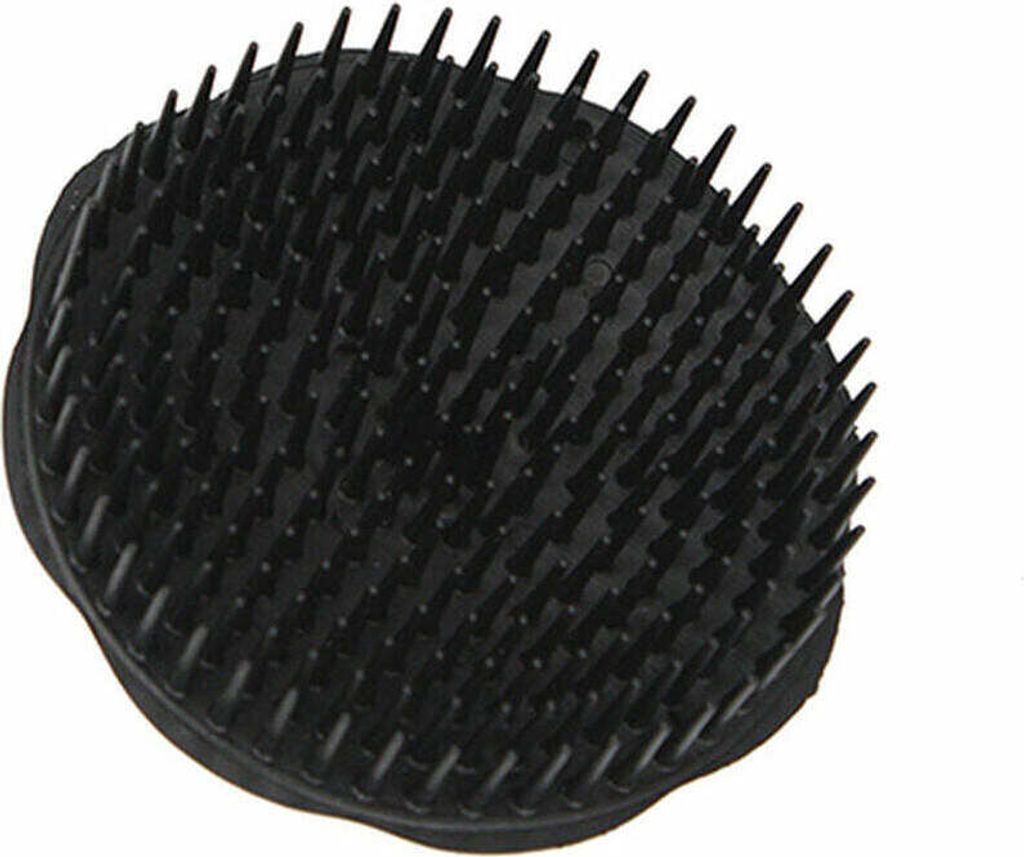 A black scalp massage brush is shown against a white background.