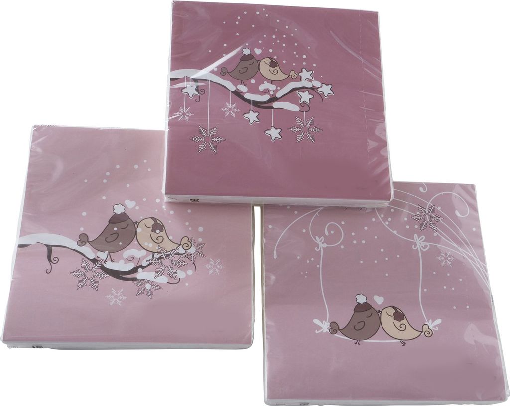 3 x 20 Servietten Weihnachtsservietten Vögel 'Winter Birds' - rosa 33 x 33 cm