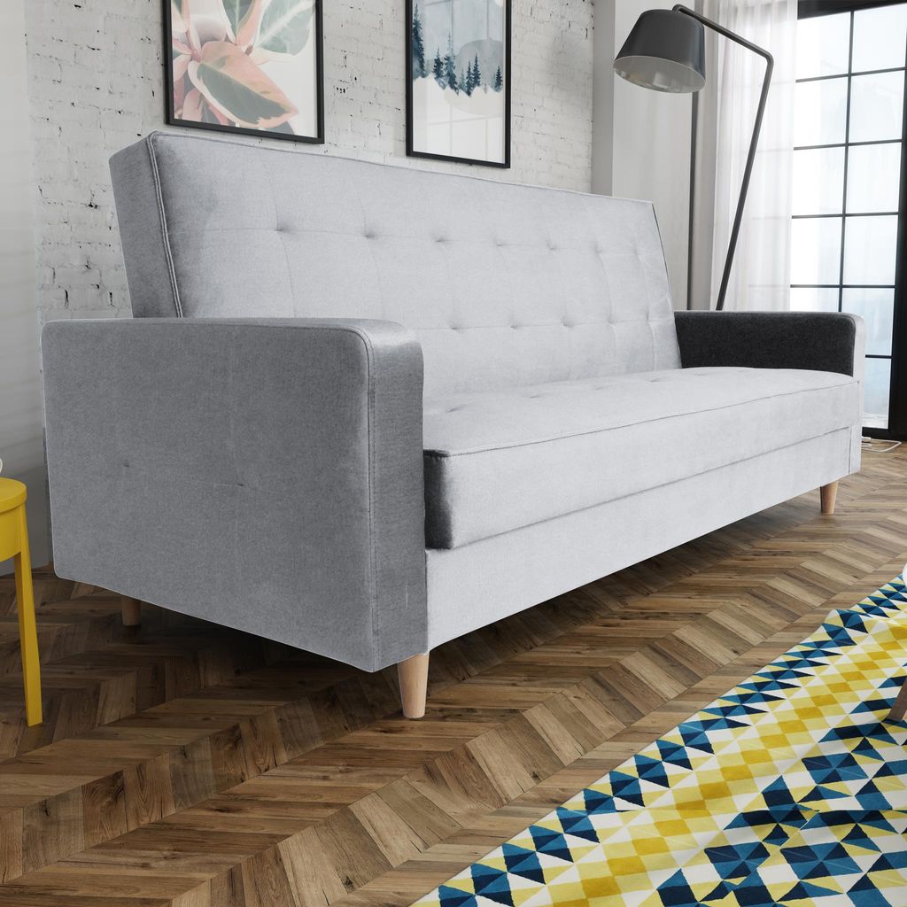 Schlafsofa im skandinavisches Stil Bamako Polstersofa mit Holzbeine Sofa mit Schlaffunktion Bettkasten Couch aus Velour, Farbe: Grau, Paros 05