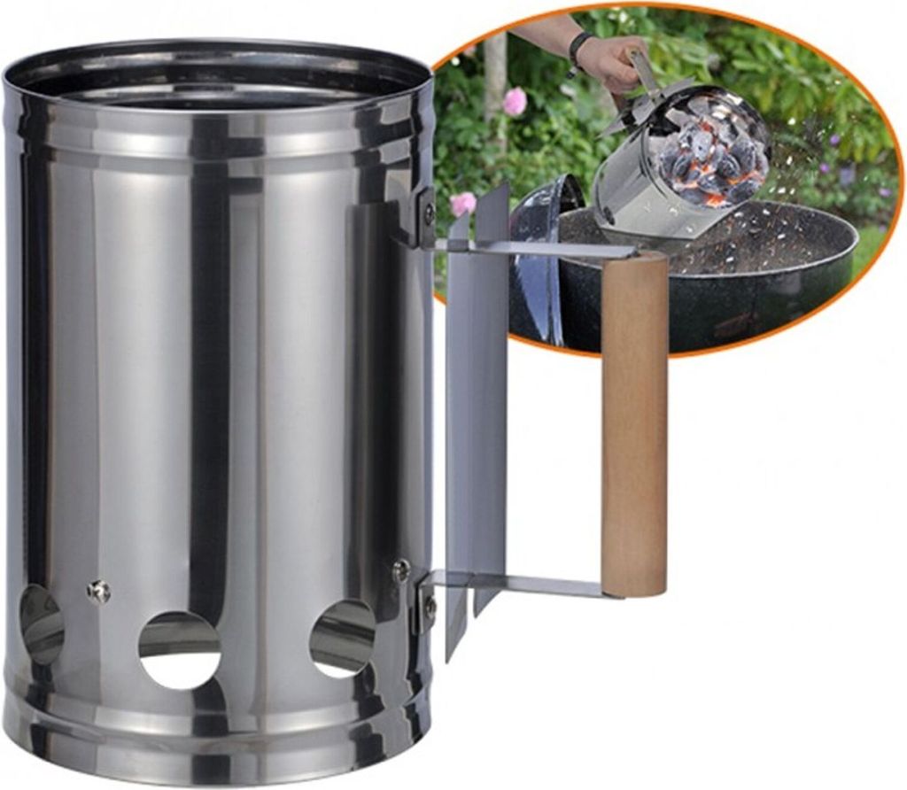 Anzündkamin aus Edelstahl für Kohle und Briketts - 17cm Durchm. - 27cm hoch - Hitzeschutz
