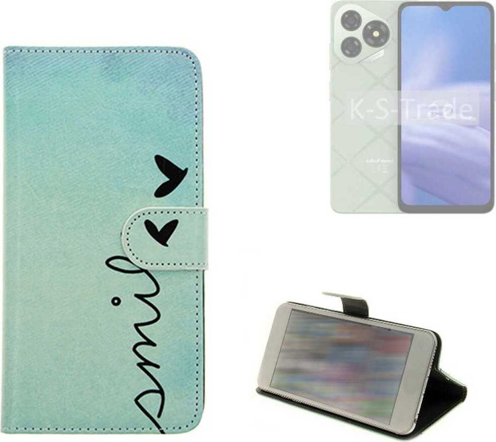 K-S-Trade Schutz Hülle Handy Hülle kompatibel mit Ulefone Note 19 Hülle Handyhülle cover bookstyle Etui Handyhülle “smile“ türkis