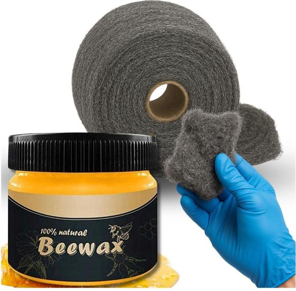 BeeWax Möbelwachs Set mit 250g Stahlwolle 0+00 & Nitrilhandschuhen Holzpflege & Möbelpolitur Natürliches Bienenwachs für Holz Parkett Möbel T...