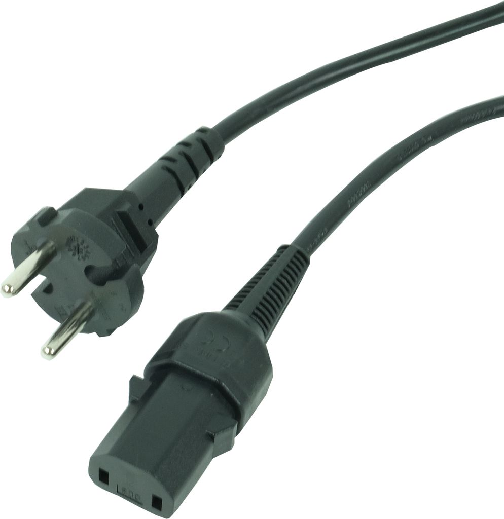 A black power cord with two different plugs on either end, shown against a white background.