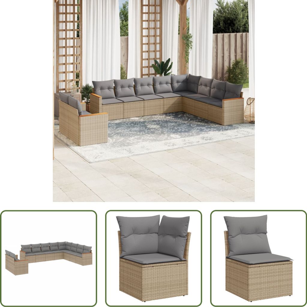 The Living Store 10-tlg. Garten-Sofagarnitur mit Kissen Beige Poly Rattan