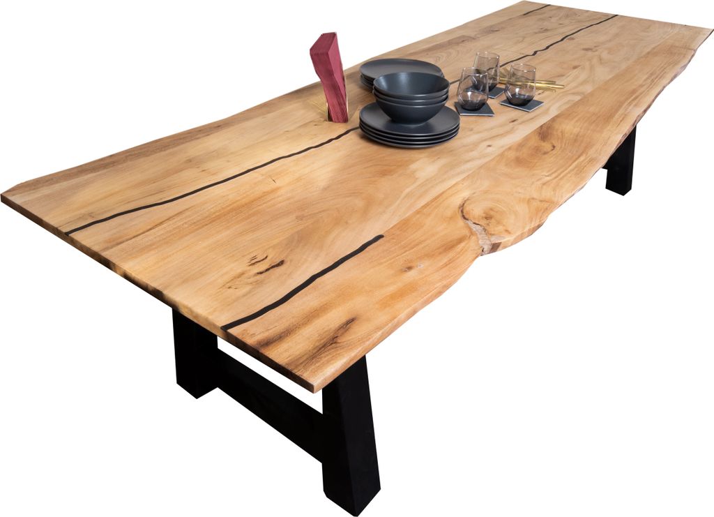 Baumkantentisch Akazie mit schwarzen Resin-Adern naturfarben 280 x 100 cm A-Gestell schwarz POLLY