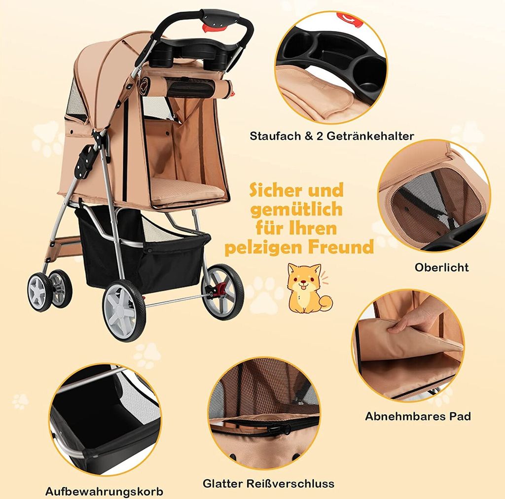 COSTWAY Passeggino Per Cani Pieghevole, Carrello A 4 Ruote Per Animali Domestici Piccoli E Medi Trasportino Portatile Con Ruote Lucernario E Tasche Chiusura Rapida 81989009