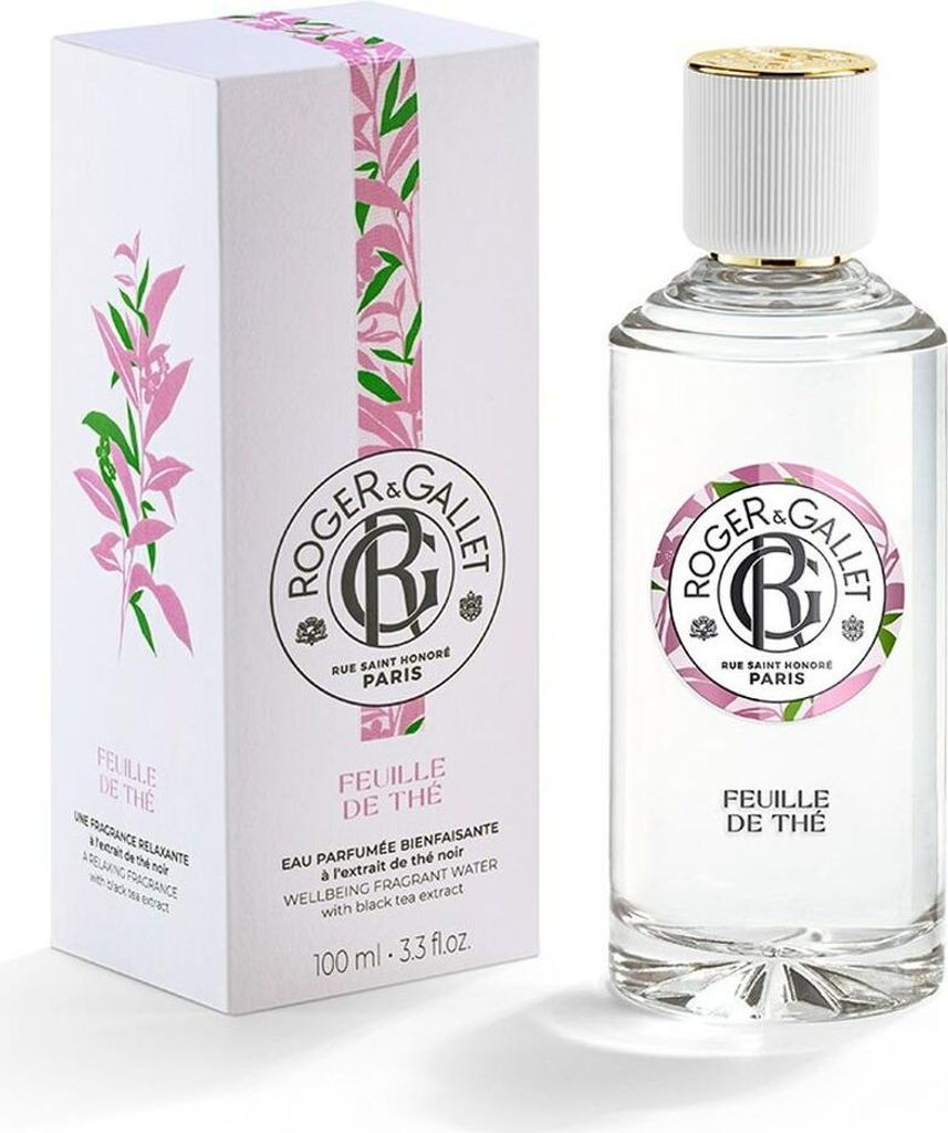A bottle of Roger & Gallet FEUILLE DE THÉ Eau de Parfum and its packaging are displayed on a white background.