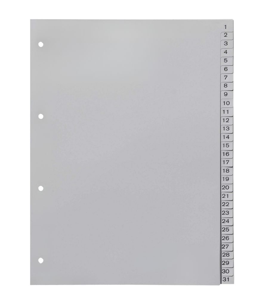 europrotokoll Ordnerregister 1-31, neutral, ohne Deckblatt, 31-teilig, DIN A4, Register aus PP, strapazierfähige Trennblätter für Ordner, lichtgrau