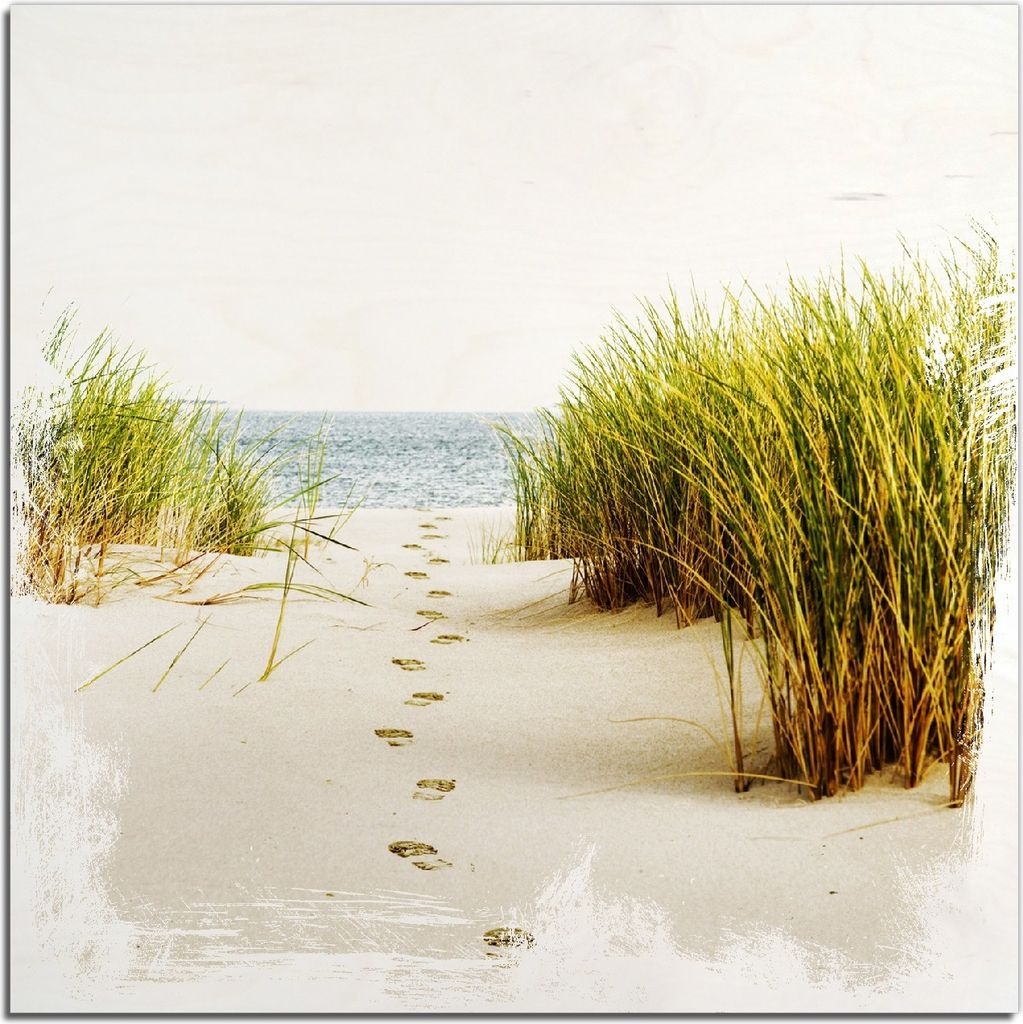 Kunstdrucke Wandbilder Holz in : Brillante Farben, Größe 50 x 50 cm Motiv Spuren im Sand- Fußspuren durch die Düne zum Meer