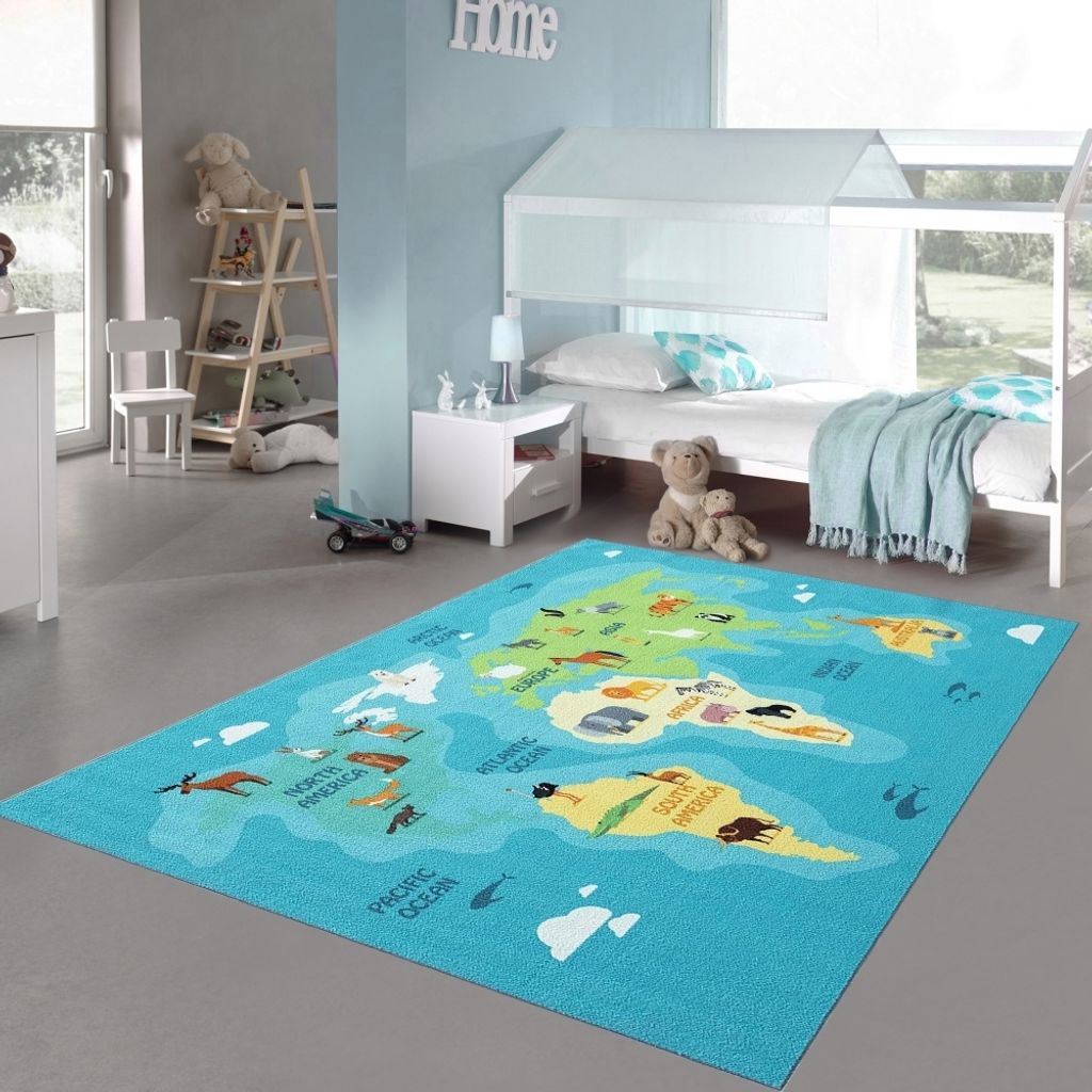 Kinderzimmer Weltkarten-Lernteppich Tiere & Meere in blau Größe - 160 x 220 cm