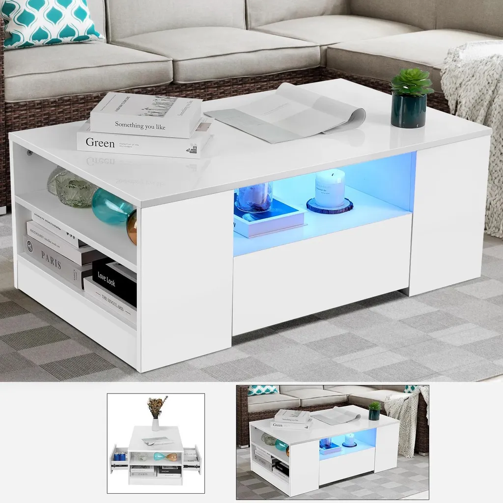 Table basse blanche brillante LED - Solution de rangement salon 2 tiroirs - 4