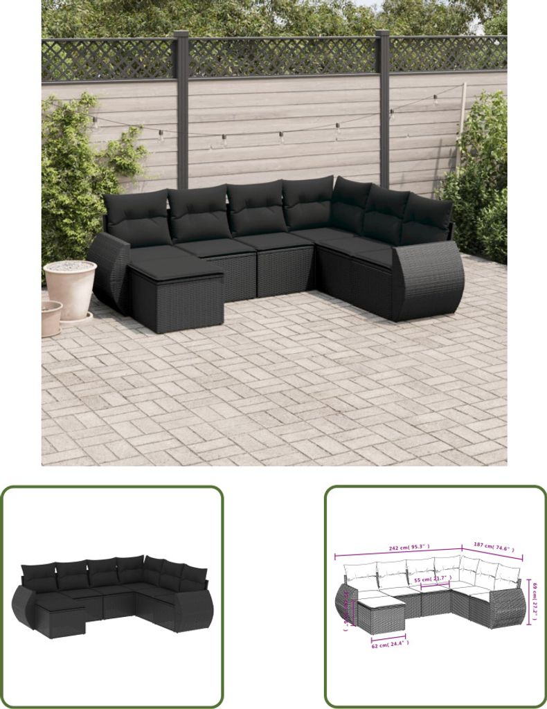 The Living Store 7-tlg. Garten-Sofagarnitur mit Kissen Schwarz Poly Rattan