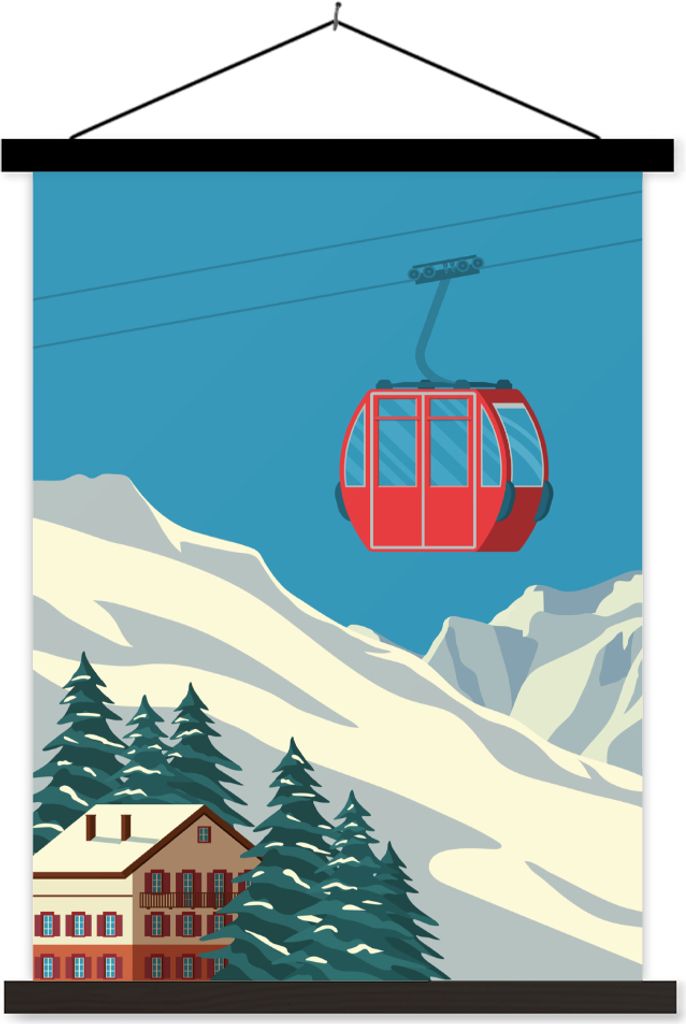 MuchoWow Textilposter Skilift - Vintage - Illustration - Alpen 60x80 cm mit schwarzem Rahmen - Plakathalter