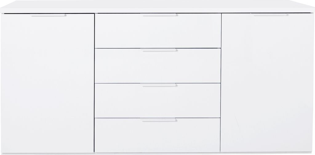 A white sideboard with two doors on the left and four drawers in the middle, shown from the front.