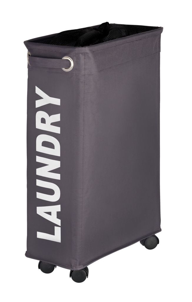 A tall, narrow laundry hamper with wheels.