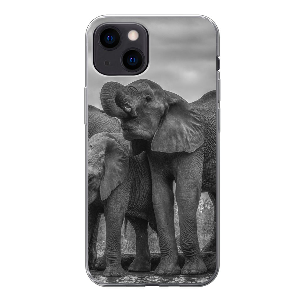MuchoWow Handyhülle Schutzhülle Hülle für iPhone 13 mini Elefant - Tiere - Wasser - Schwarz und weiß Silikon Softcase Handy Hülle - Softcase