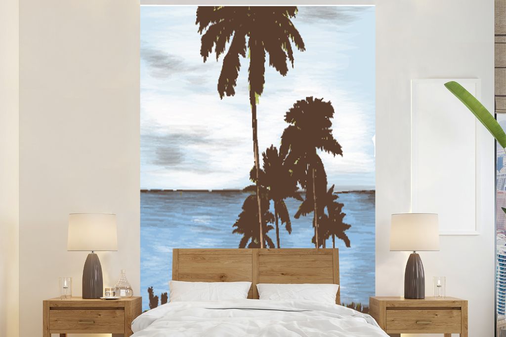MuchoWow Fototapete für Wohnzimmer oder Schlafzimmer Wandtapete Vinyl Motivtapete Palme - Meer - Himmel - 170x260 cm - Wohnzimmertapete