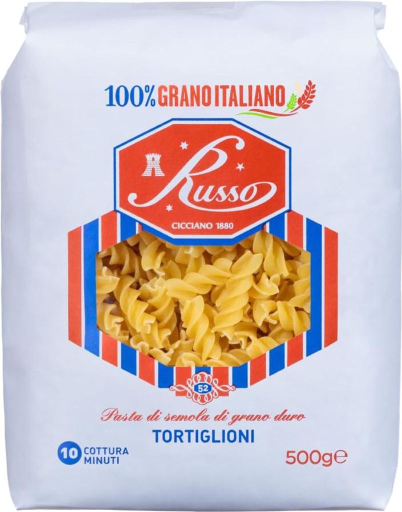5x Russo Tortiglioni N°52 Hartweizengrieß Pasta,100% Italienischer Weizen,500g-Packung + Italian Gourmet Polpa di Pomodoro 400g Dose