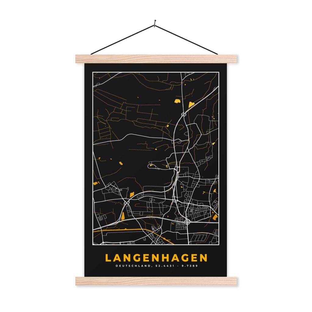MuchoWow Textilposter Schwarz und Gold - Stadtplan - Langenhagen - Deutschland - Karte 120x180 cm mit holzfarbenen Rahmen - Textil-Plakat