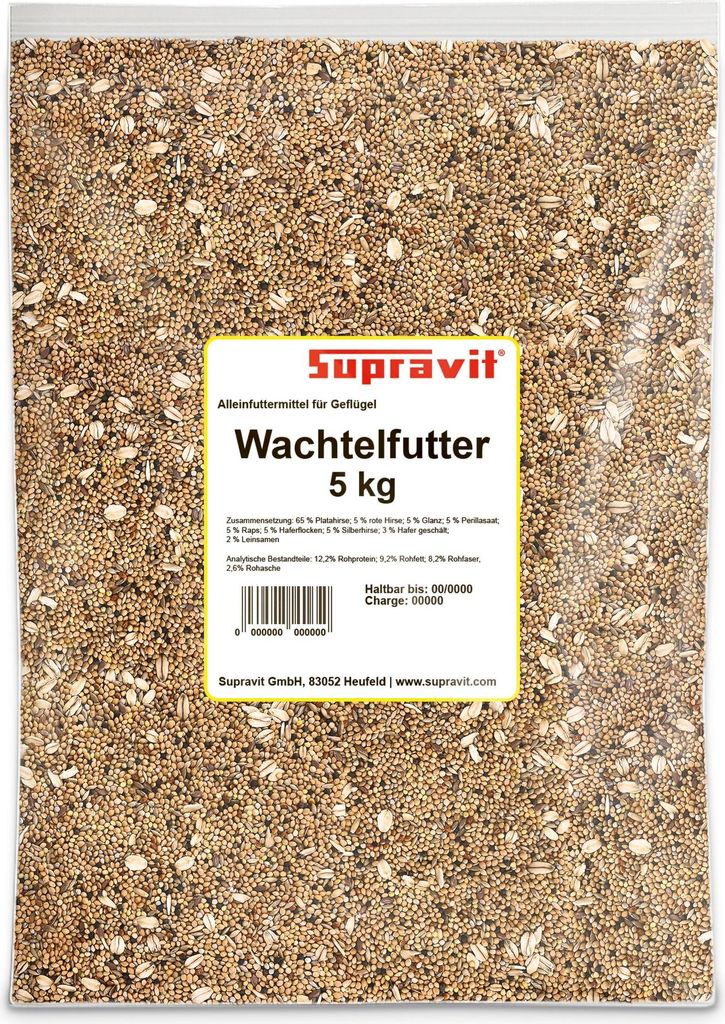 Supravit Wachtelfutter 5kg | Vollwertige Körnermischung für Wachteln, Legewachteln und Hühner als Alleinfutter
