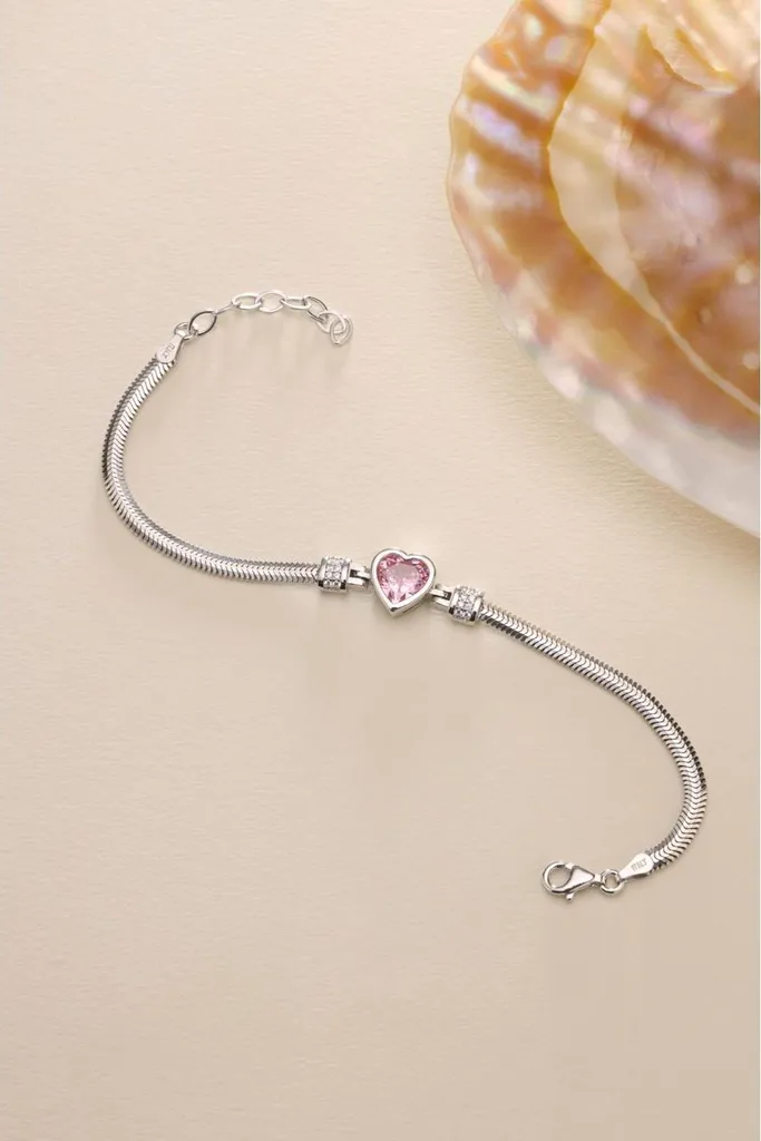 Bracelet gourmette femme argent 925 et cœur rose brillant maille épi
