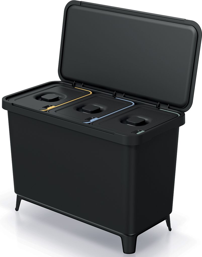 A black multi-compartment trash bin with its lid open, showing three separate compartments inside. The bin is elevated on four short legs.