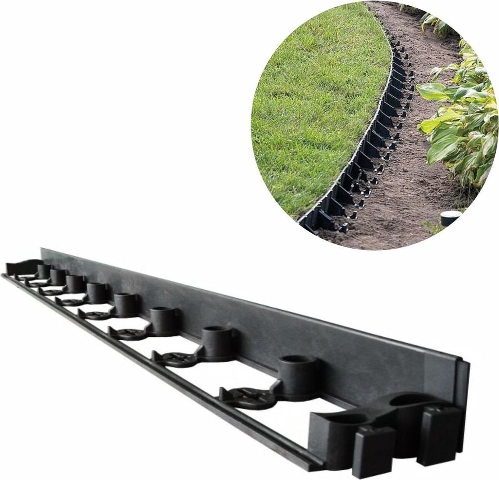 A black plastic garden edging product is shown in a studio shot and a lifestyle inset image.
