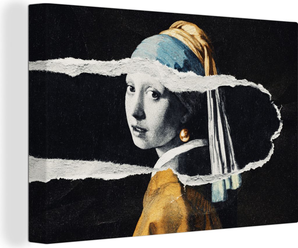 OneMillionCanvasses - Leinwandbilder - 150x100 cm, Mädchen mit Perlenohrring - Gold - Vermeer - Schwarz - Weiß, Wandbilder Kunstdruck Wanddekor...