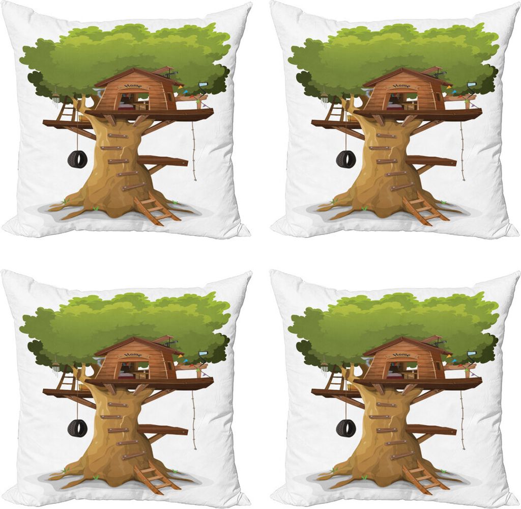 ABAKUHAUS Baumhaus Kissenbezug Set (4 Stück), Kinder Fun Hobby Startseite, Moderner Doppelseitiger Digitaldruck, 40 cm x 40 cm, Mehrfarbig