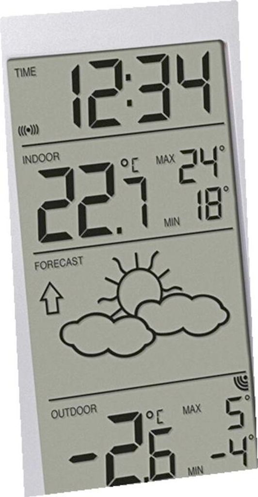 A digital weather station displaying time, indoor and outdoor temperatures, and weather forecast.